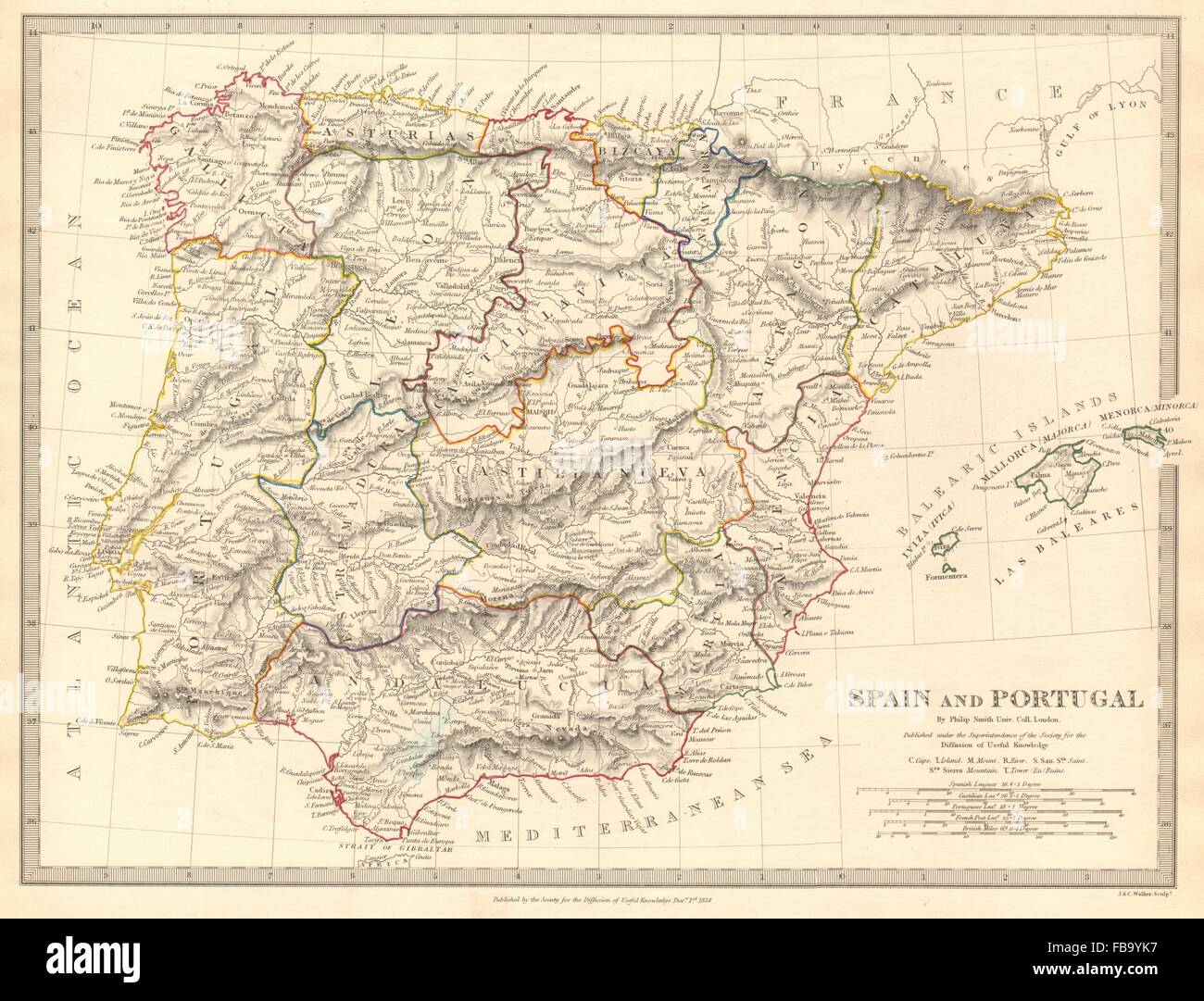IBERIA. L'Espagne et Portugal montrant des provinces. SDUK, 1844 carte antique Banque D'Images