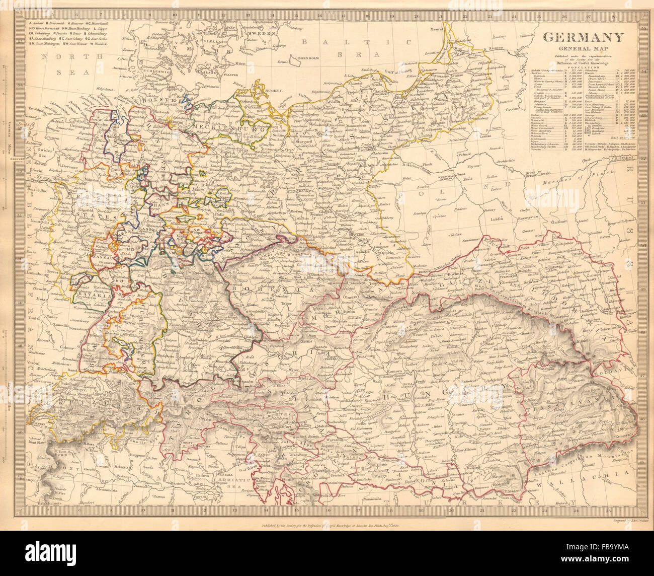 L'Allemagne. Carte générale. La Hongrie. Tableau de la population. SDUK, 1844 Banque D'Images