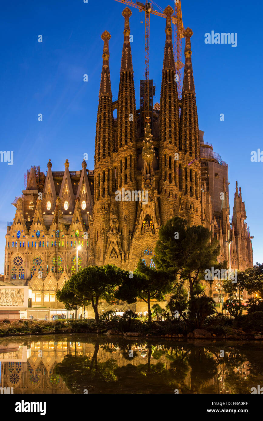 Vue nocturne de l'église Sagrada Familia, Barcelone, Catalogne, Espagne Banque D'Images