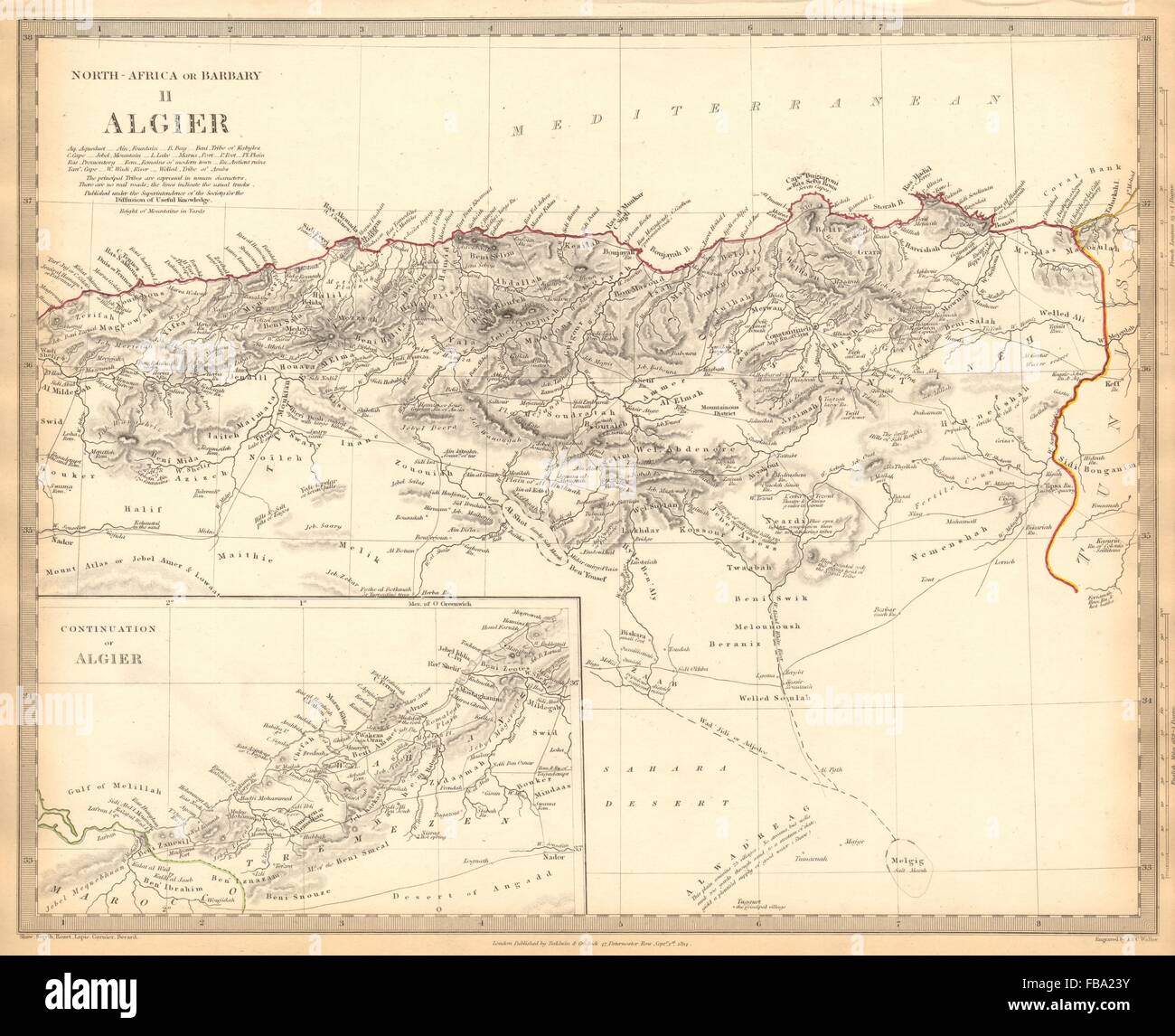 L'Algérie. L'Afrique du Nord ou barbarie. Algier Alger. SDUK, 1844 carte antique Banque D'Images