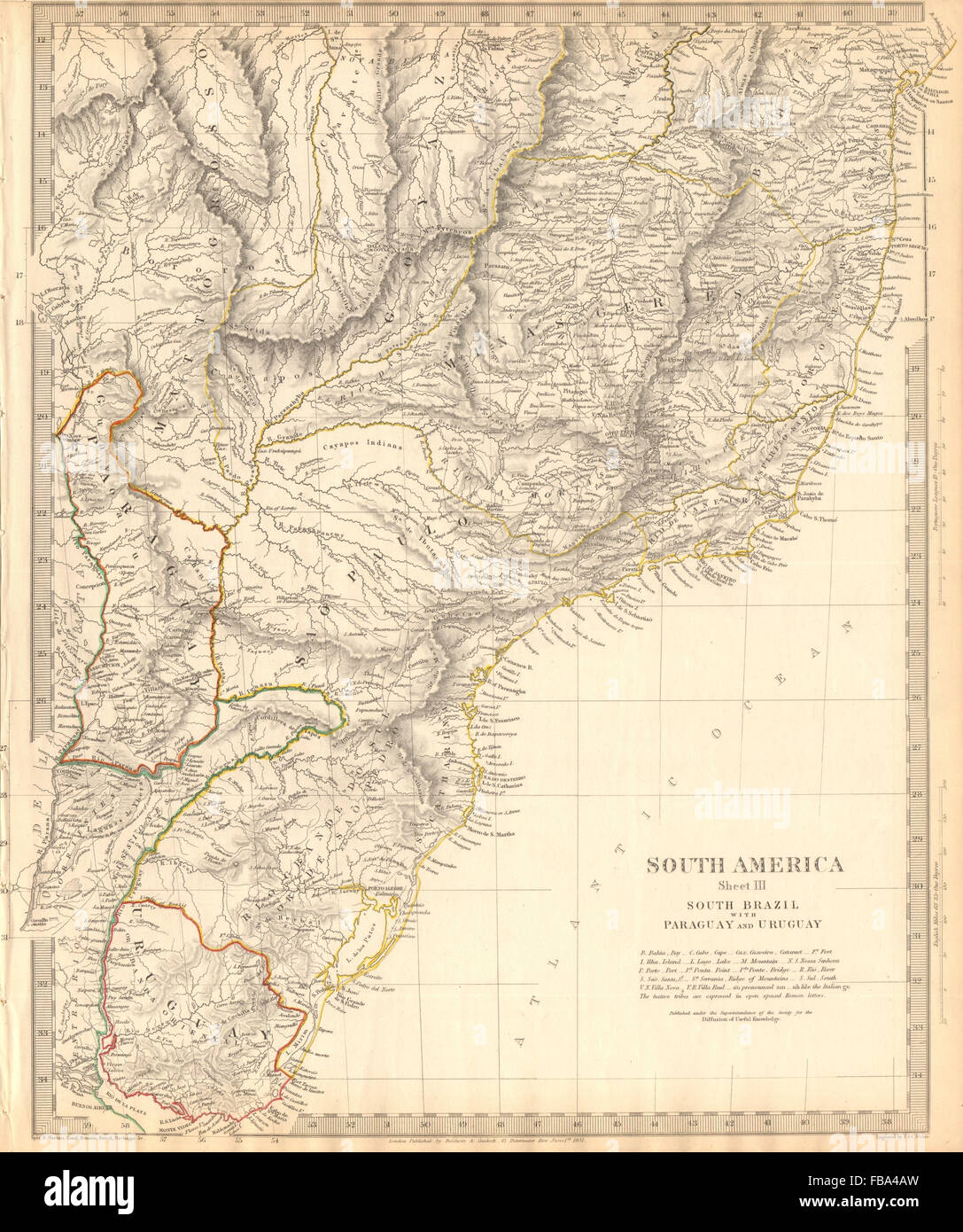 Le SUD DU BRÉSIL PARAGUAY URUGUAY. Bahia Minas Gerais São Paolo. SDUK, 1844 map Banque D'Images