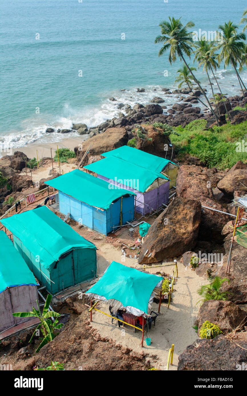 Mi Amor Cabanes de plage et restaurant à Rajbagh beach, Cabo de Rama, cola, Sud de Goa, Inde Banque D'Images
