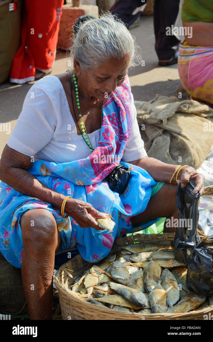 Femme indienne vendant du poisson séché à Mapusa, dans le quartier animé de vendredi, marché, Nord de Goa Anjuna, Inde Banque D'Images