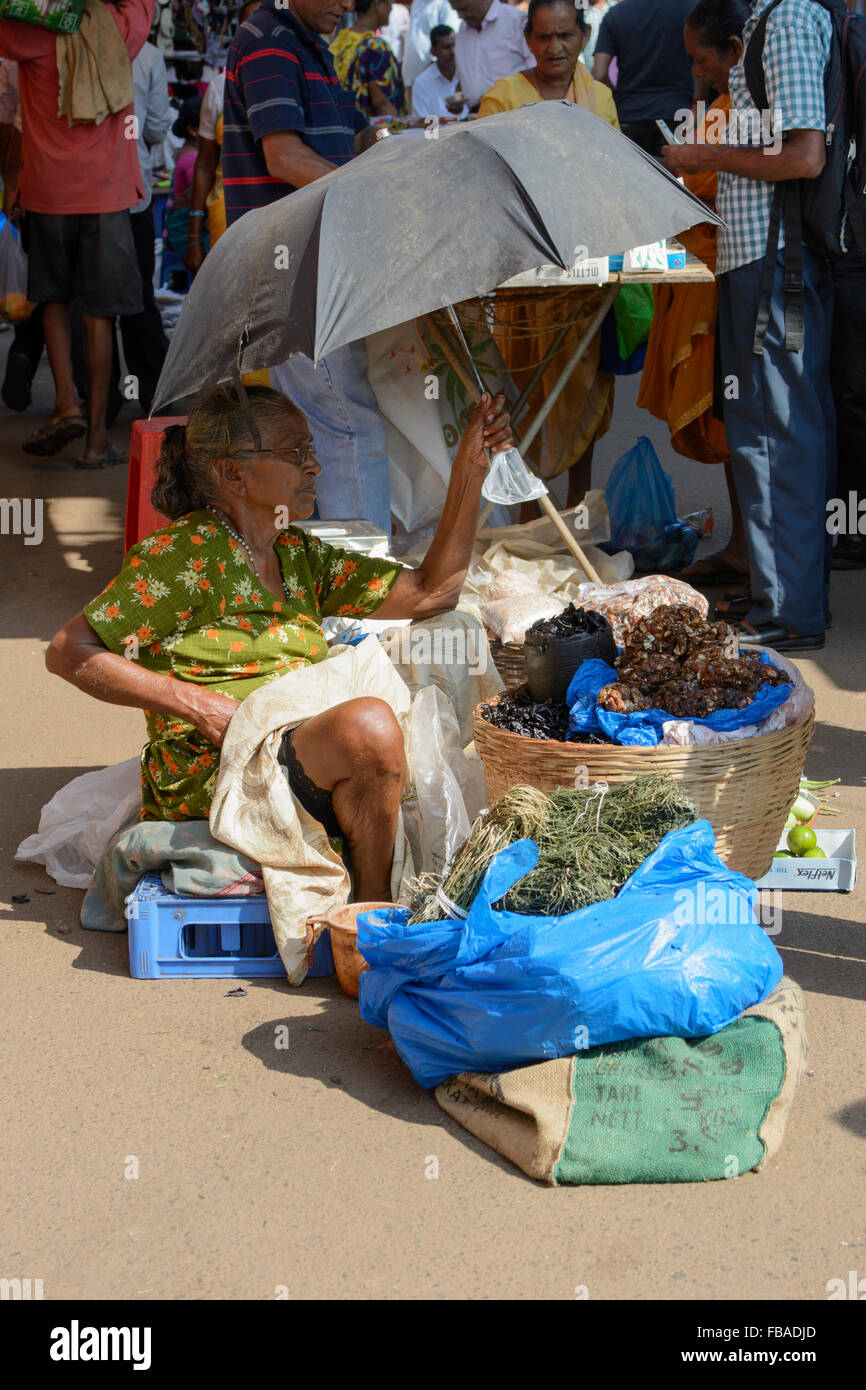 Une femme indienne elle-même les tons du soleil à Mapusa, dans le quartier animé de vendredi, marché, Nord de Goa Anjuna, Inde Banque D'Images