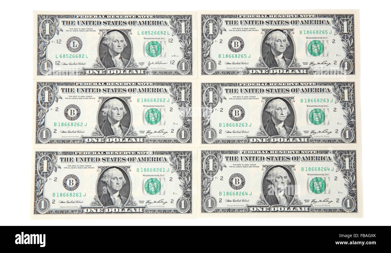 6 US one dollar bills Banque D'Images