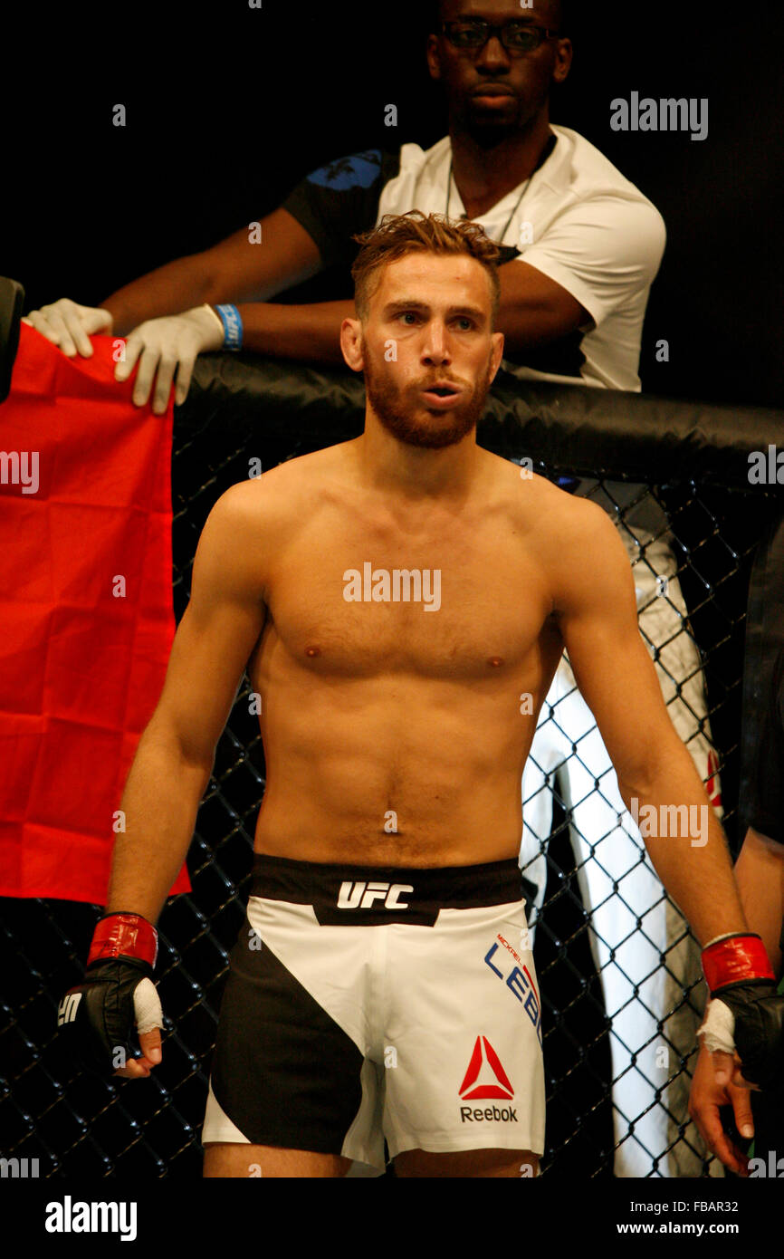 Mickael Lebout bat Teemu Packalen lors de l'UFC Fight Night 72 : Bisping vs Leites au SSE Hydro le samedi le 18 juillet 2 Banque D'Images