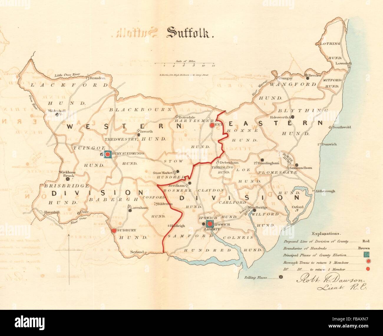 Carte du comté de Suffolk. Les quartiers général des divisions. La LOI SUR LA RÉFORME. DAWSON, 1832 Banque D'Images