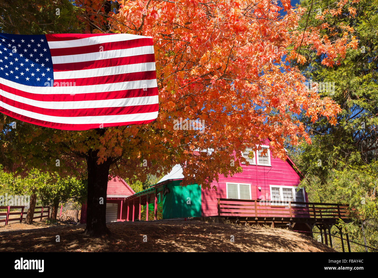 Couleurs d'automne autour d'une chambre au-dessus de la rivière Tule, à l'Est de Porterville, California, USA. Banque D'Images