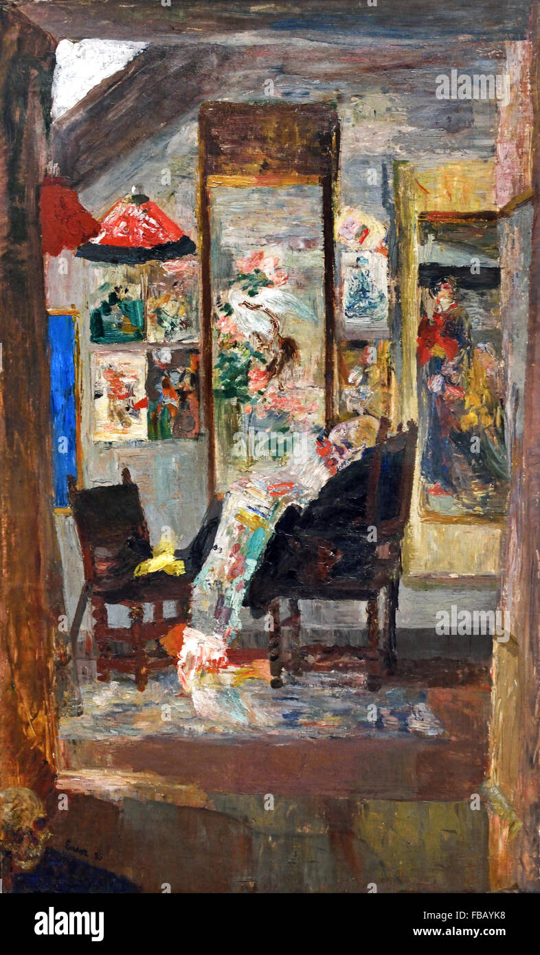 Squelette regardant une peinture à l'huile de chinoiseries par James Ensor, 1885 à 1888. Art symboliste macabre d'avant-garde belge au Musée des Beaux-Arts de Gand, Belgique. Squelette regardant des chinoiseries James Ensor 1860-1949 Belge Belgique Banque D'Images