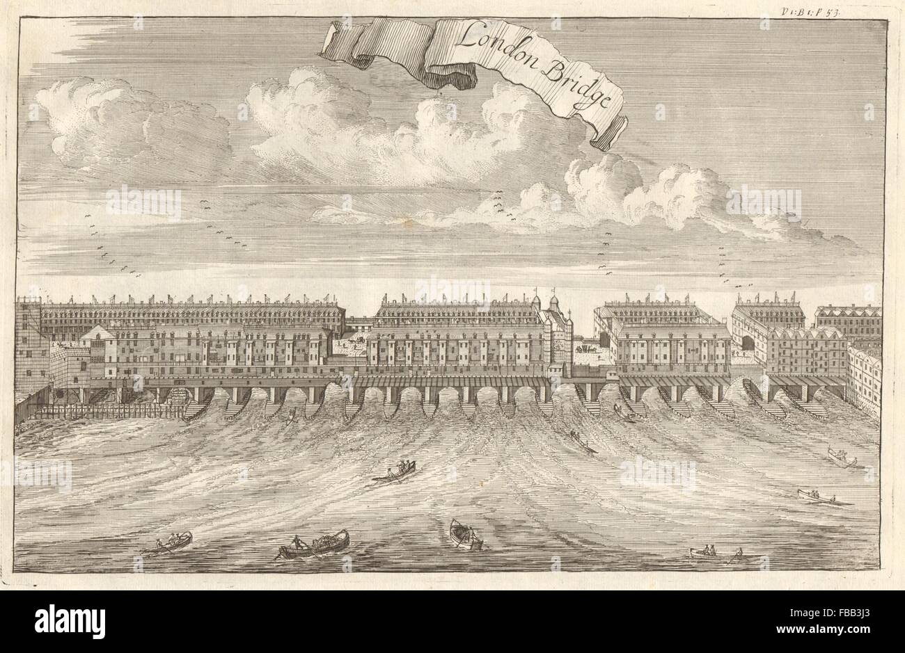 Vieille 'London Bridge' par STOW/STRYPE, antique print 1720 Banque D'Images