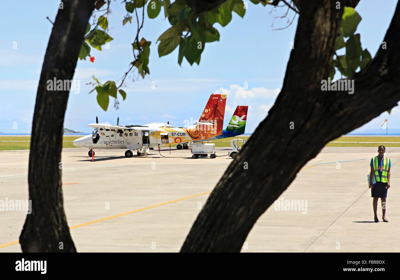 Les compagnies aériennes locales des avions à l'Aéroport International des Seychelles sur l'île de Mahé. Banque D'Images