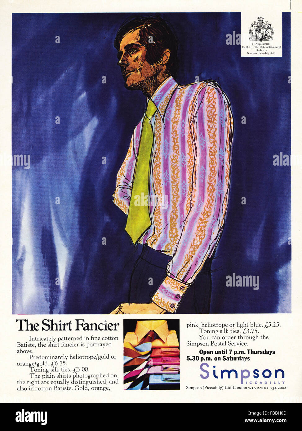 Pleine page couleur original vintage une publicité à partir d'années 1970. Annonce de la publicité 1971 Simpson mens shirts par nomination royale Banque D'Images