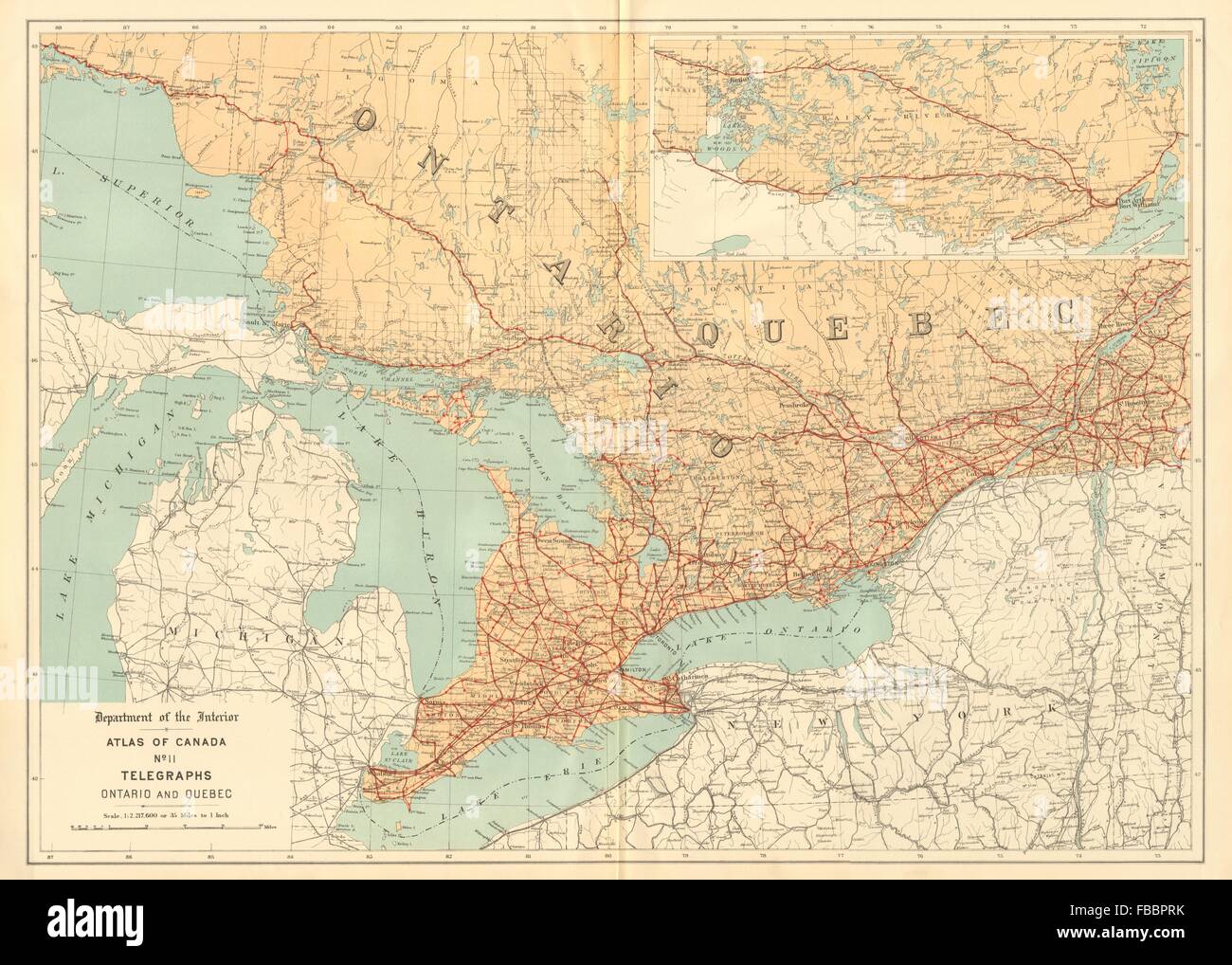 L'Ontario et du Québec. Les câbles télégraphiques. Le Canada. WHITE, 1906 carte antique Banque D'Images