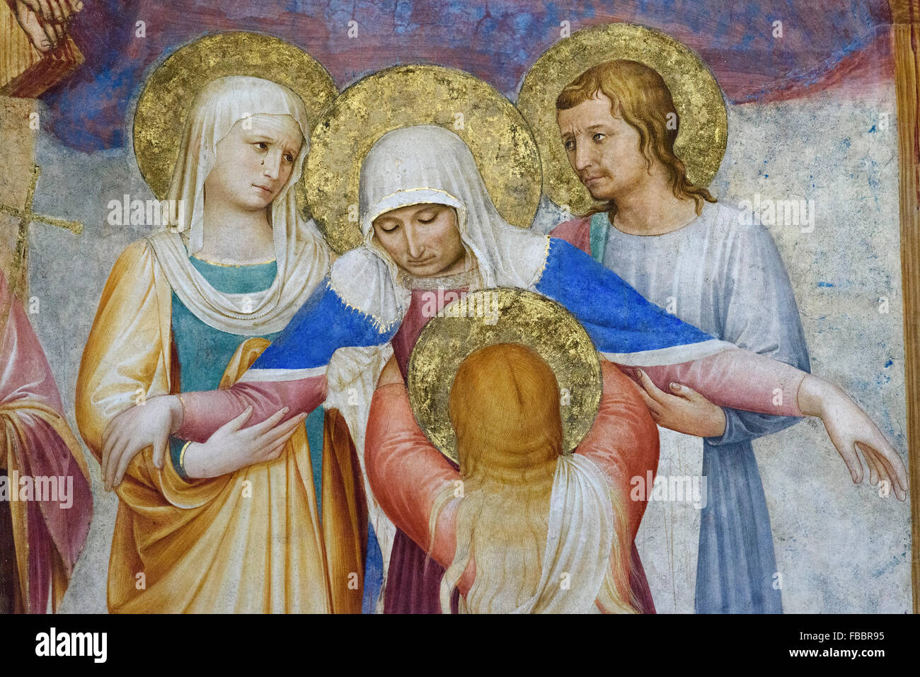 Florence. L'Italie. Musée de San Marco. La Crucifixion et Saints (détail), fresque, par Fra Angelico et assistants (1441-1442). Banque D'Images