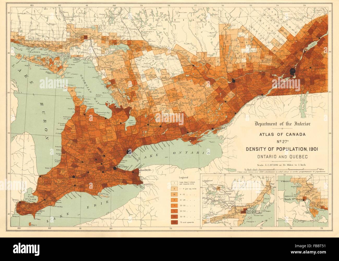 La DENSITÉ DE LA POPULATION DU CANADA 1901. L'Ontario et du Québec