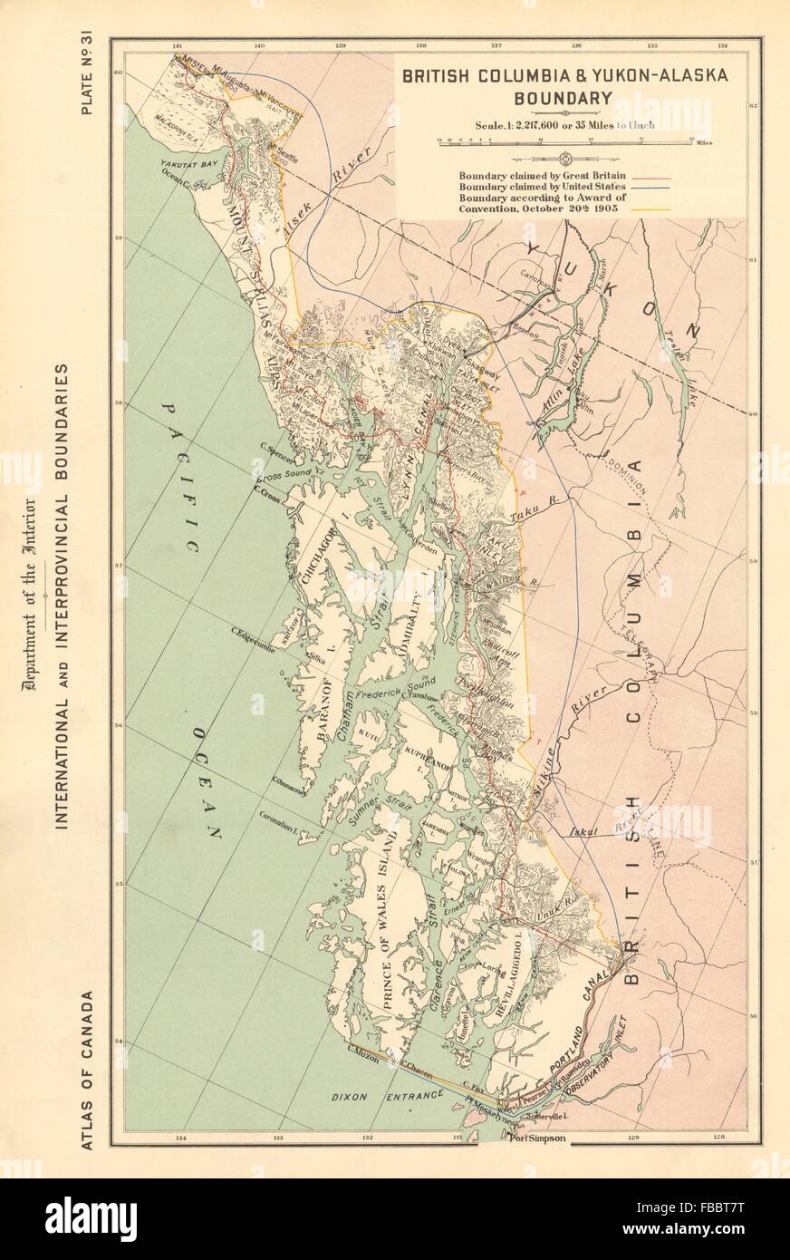 Conflit de frontière de l'ALASKA ET LE CANADA. Revendications et d'arbitrage de 1903. C.-B. Yukon, 1906 map Banque D'Images