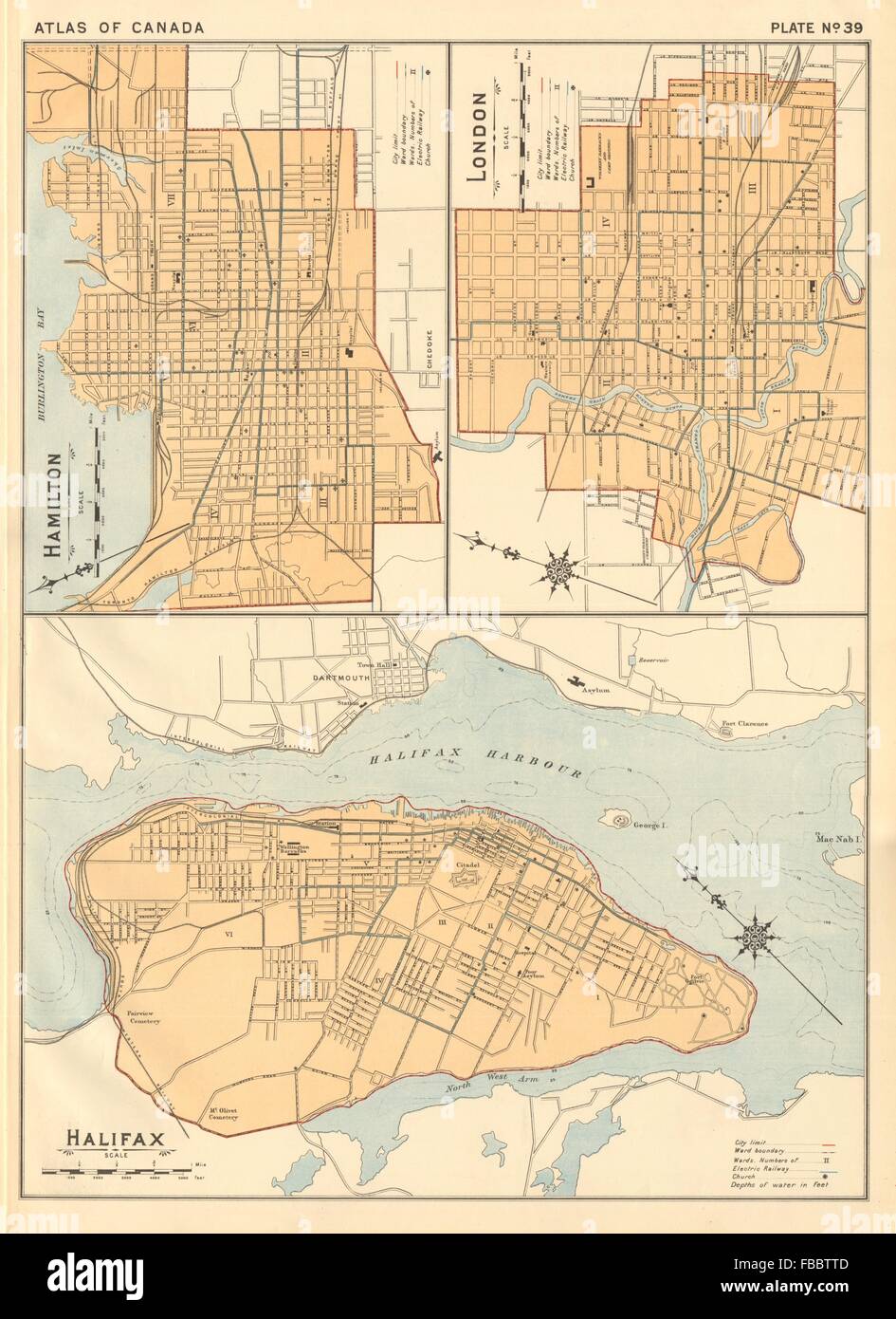 Les PLANS DE LA VILLE CANADIENNE. Hamilton et London, en Ontario. Halifax, NS. Carte Blanche, 1906 Banque D'Images
