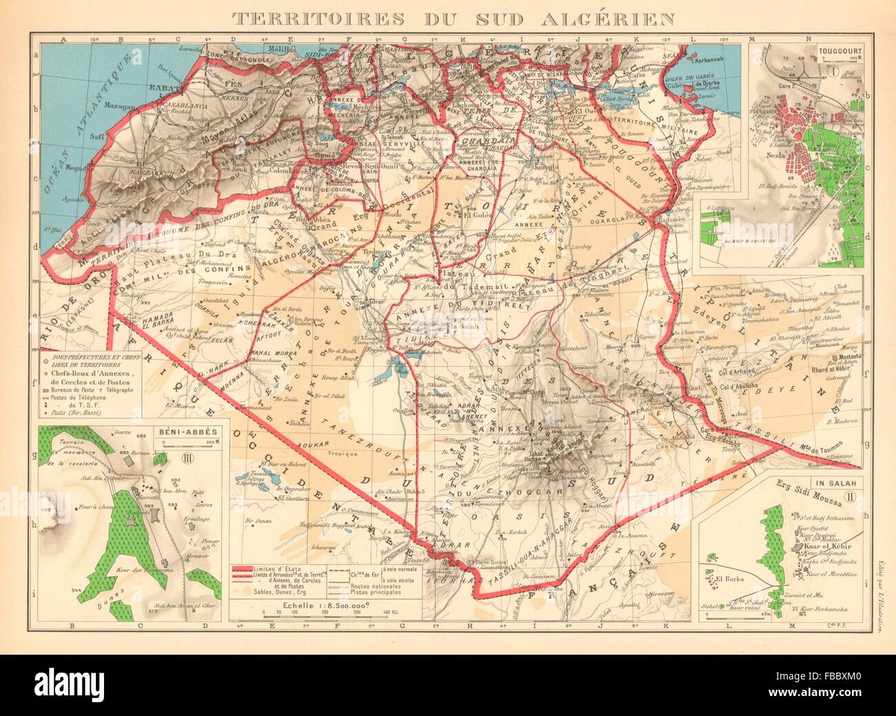L'Algérie française. Territoires sud algerien. Béni-Abbès Touggourt Dans Salah 1938 map Banque D'Images