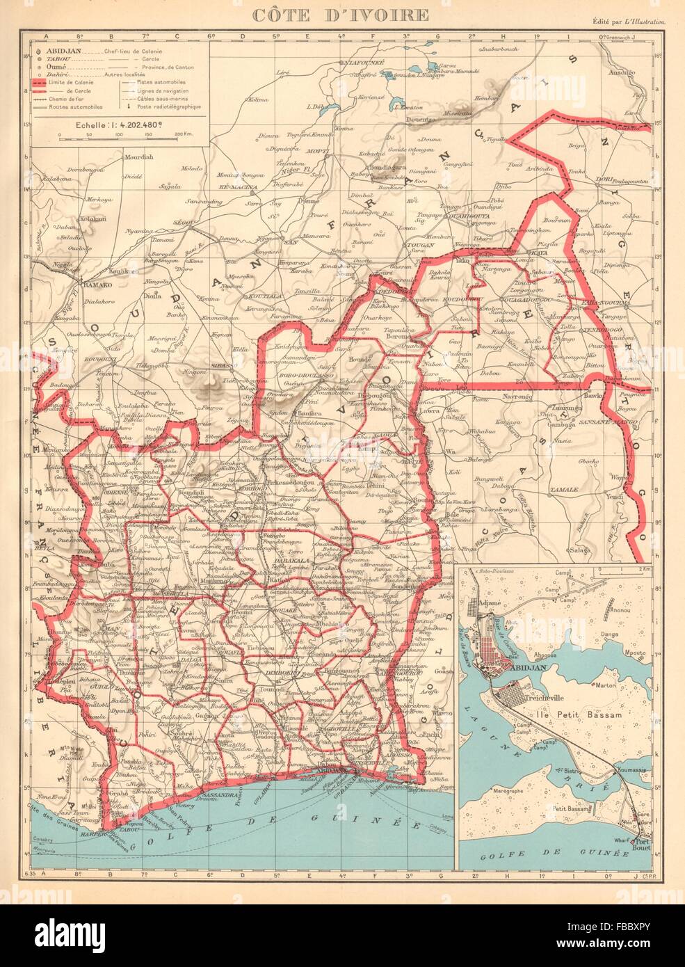 Côte d'Ivoire. La Côte d'Ivoire. Plan de la ville d'Abidjan.  + une partie du Burkina Faso, 1938 map Banque D'Images