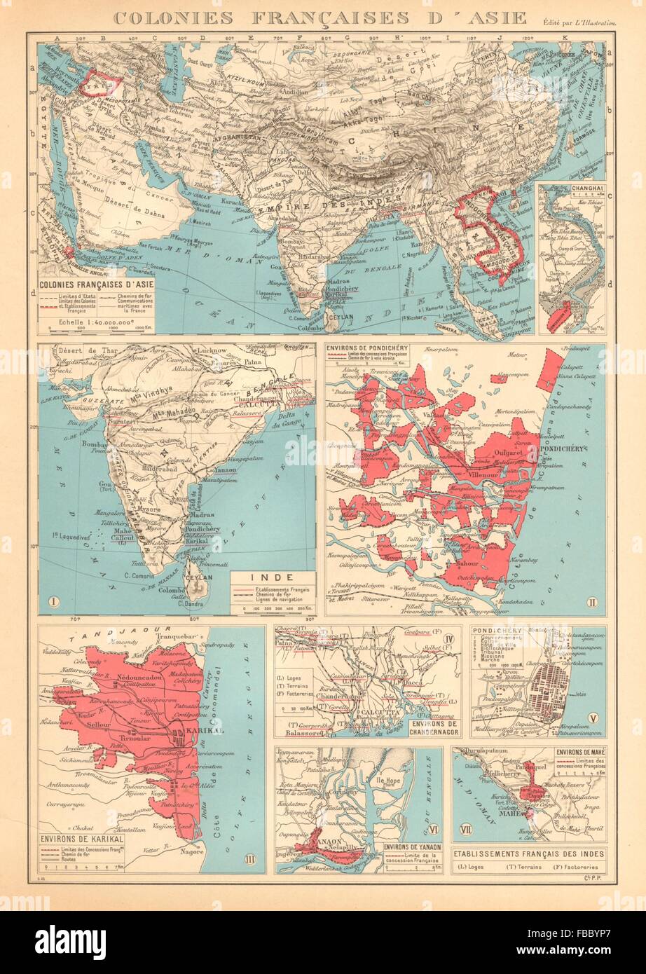 L'INDE Indes français english Pondichéry Karikal Yanaon Chandernagor Mahé 1938 map Banque D'Images