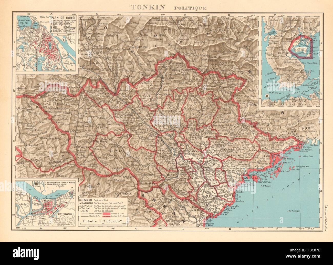 Le Tonkin. L'Indochine française Indochine Vietnam. Les plans de la ville de Haiphong Hanoi & carte 1938 Banque D'Images