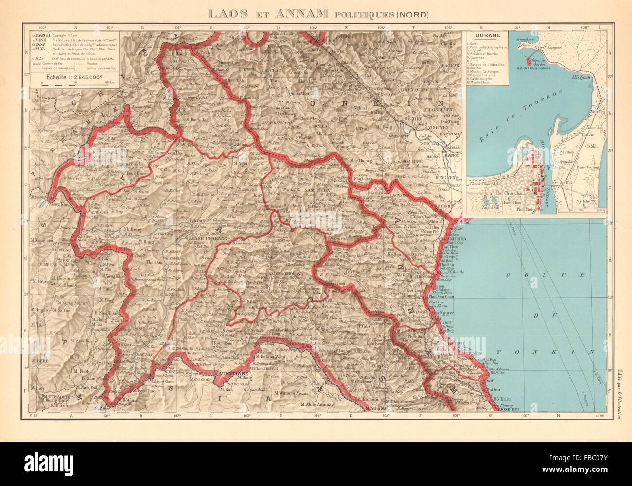 L'Indochine française. N au Laos et l'Annam. Le Vietnam. Tourane (Da Nang) plan de ville, carte 1938 Banque D'Images