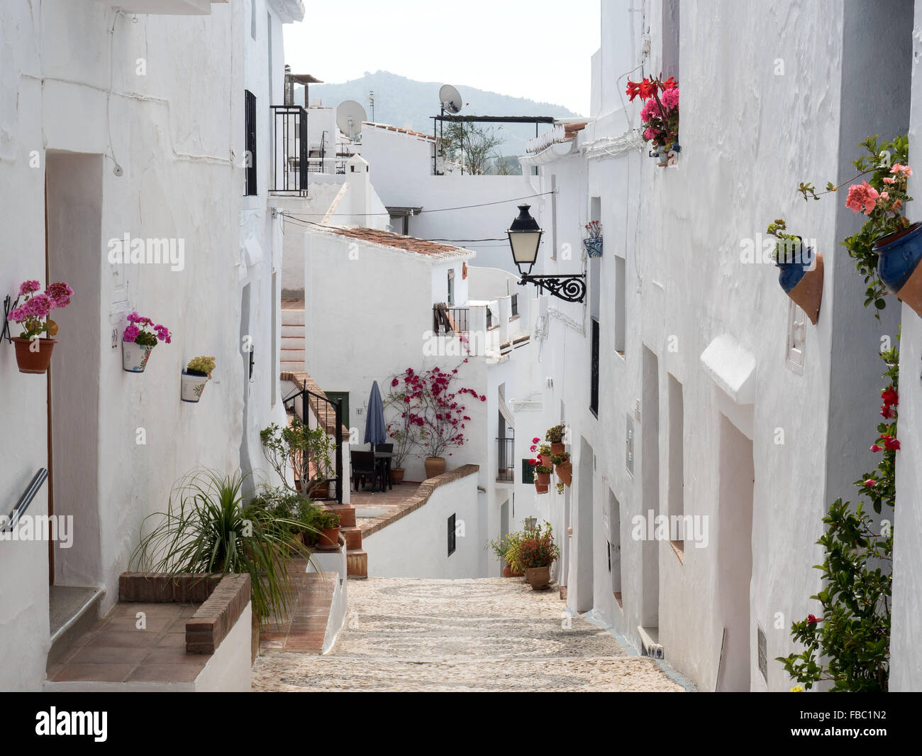 Dans la rue un livre blanc Frigiliana ville près de Nerja, Costa del Sol, Andalousie, Espagne, Banque D'Images