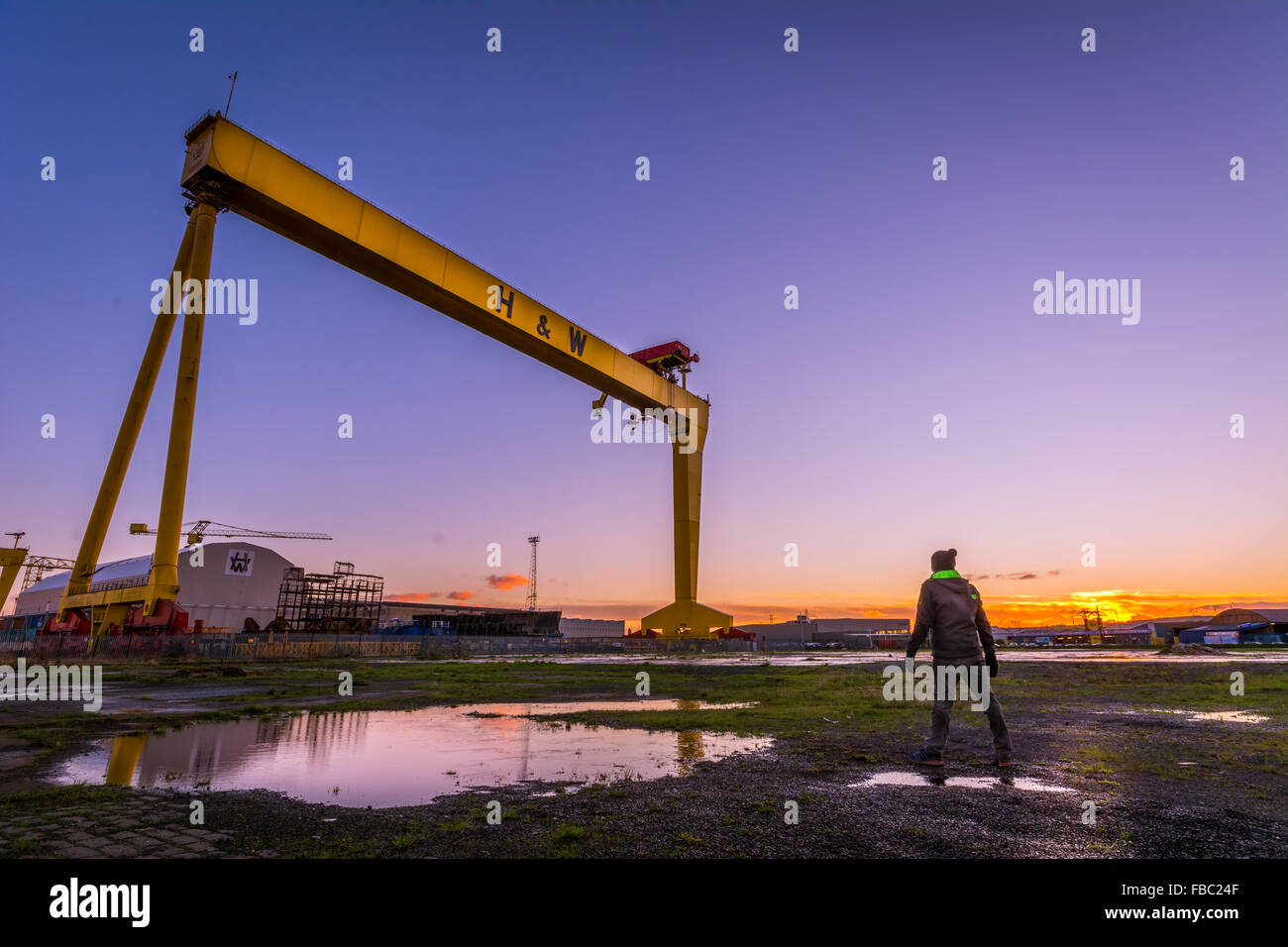 Un homme regarde jusqu'au Goliath grue dans le chantier naval Harland and Wolff où le Titanic a été construit à Belfast Banque D'Images
