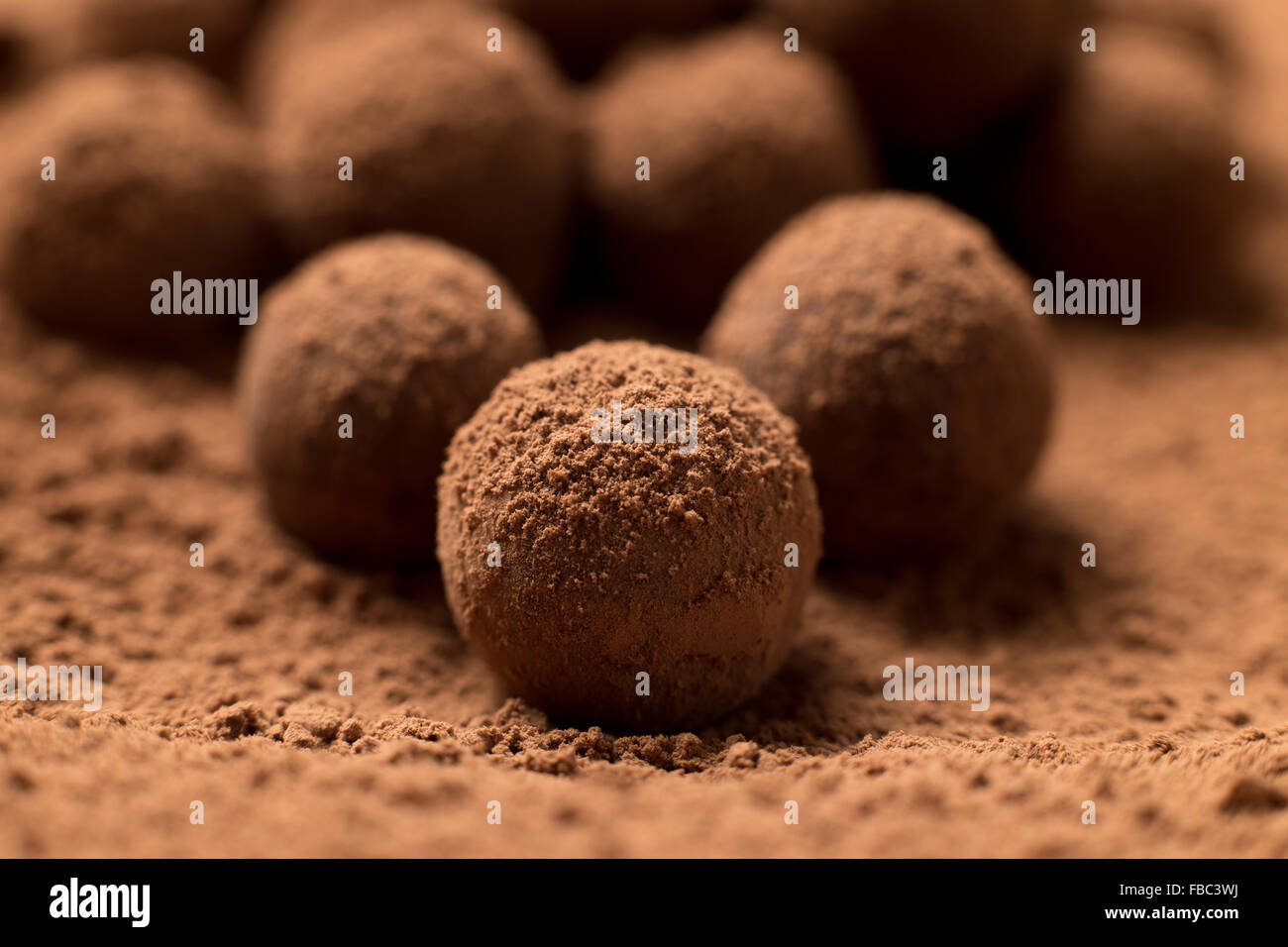 Close up de groupe d'appétissants truffes au chocolat noir couvert de poussière de cacao. Profondeur de champ Banque D'Images
