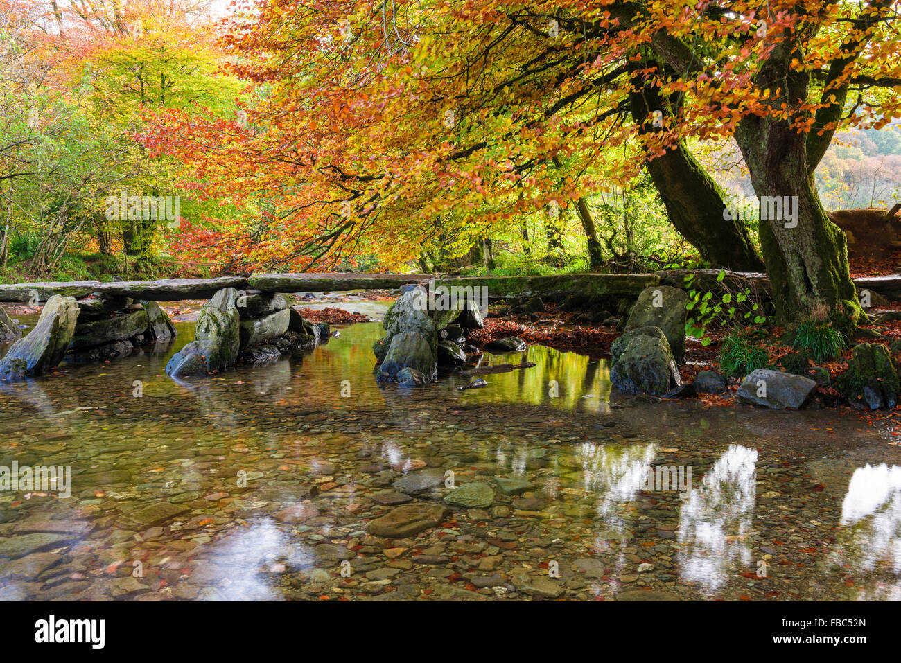 Tarr Étapes clapper bridge sur la rivière Barle au Parc National d'Exmoor, Somerset, Angleterre Banque D'Images