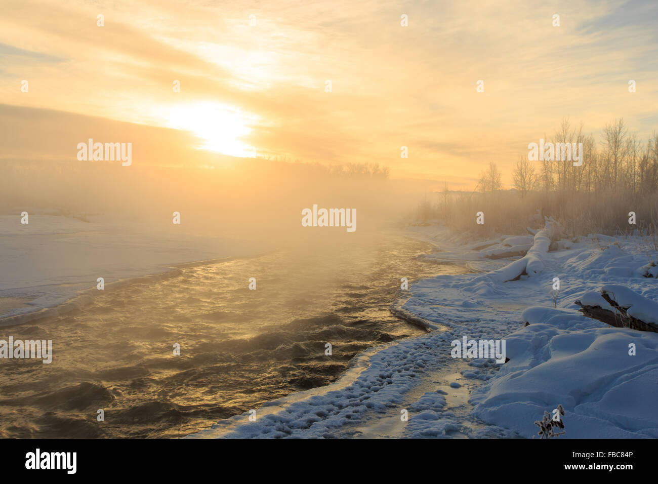 Lever du soleil d'hiver dans le brouillard s'élevant de la rivière Gallatin à Belgrade, au Montana. Banque D'Images