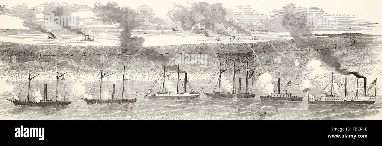 L'engagement entre United States canonnières commandé par le Commodore Davis et le moustique du Commodore de la flotte confédérée Tatnall près de Fort Pulaski, Savannah River, le 28 janvier 1862. Guerre civile USA Banque D'Images