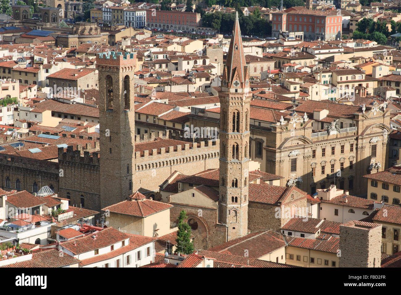 Badia Fiorentina et Museo Nazionale del Bargello à Florence, Italie, vu depuis le campanile de Giotto. Banque D'Images