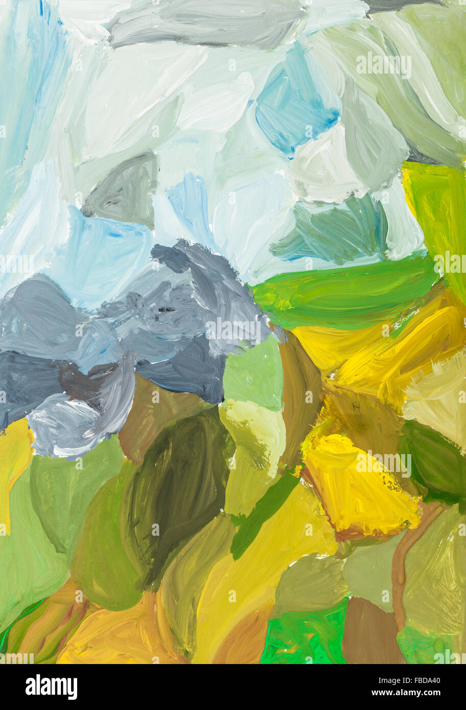 Dessin d'enfant - paysage abstrait avec des champs verts et jaunes et bleu ciel par aquarelle gouache Banque D'Images