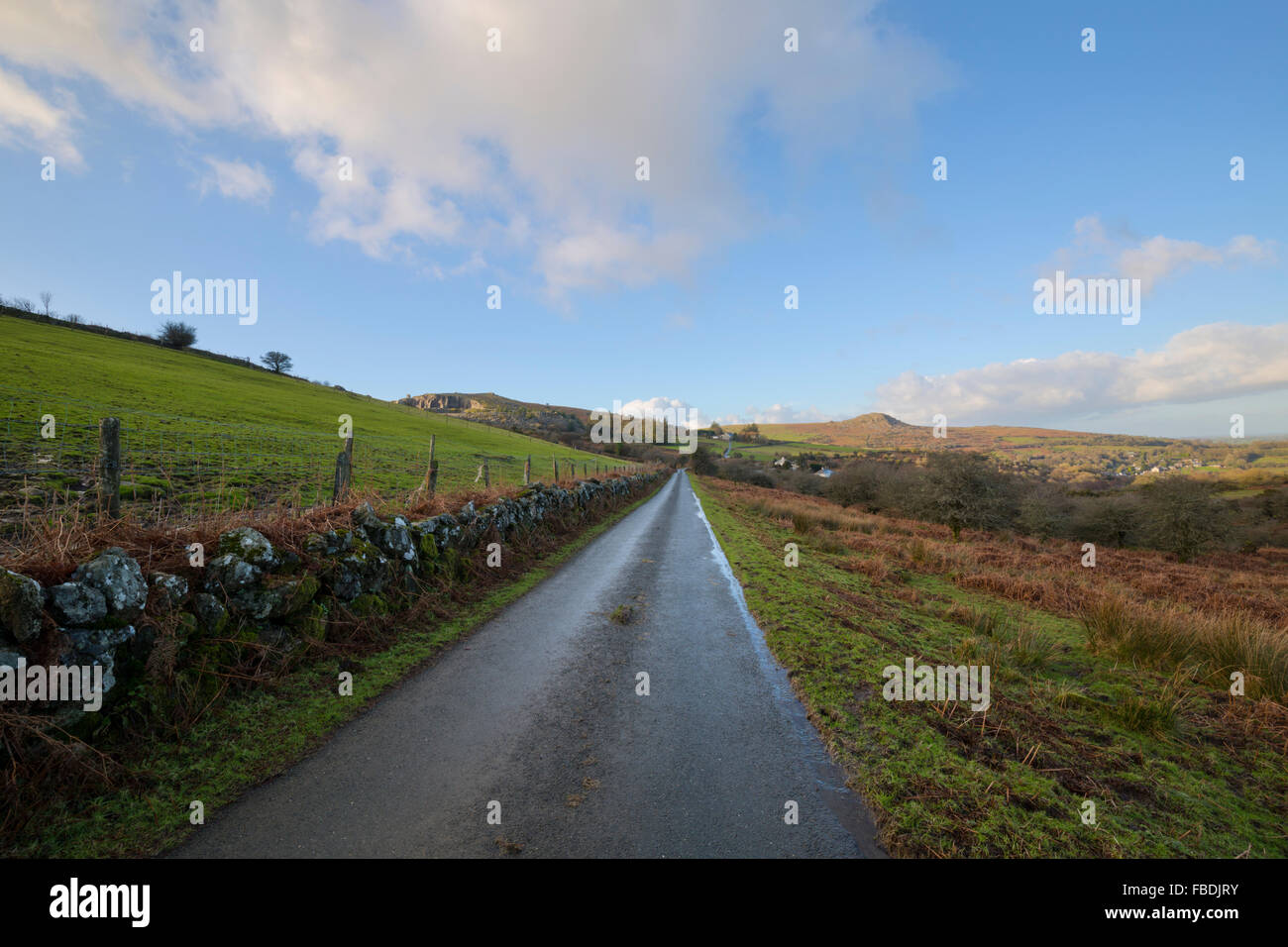 Le moorland road de larbins au village de Henwood Banque D'Images