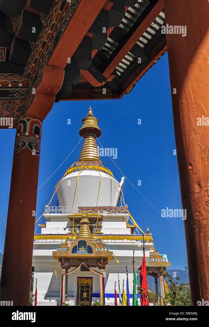 Monument de Thimphu, Bhoutan, National Memorial Chorten, sanctuaire bouddhiste, décorées avec des rubans colorés, copy space Banque D'Images