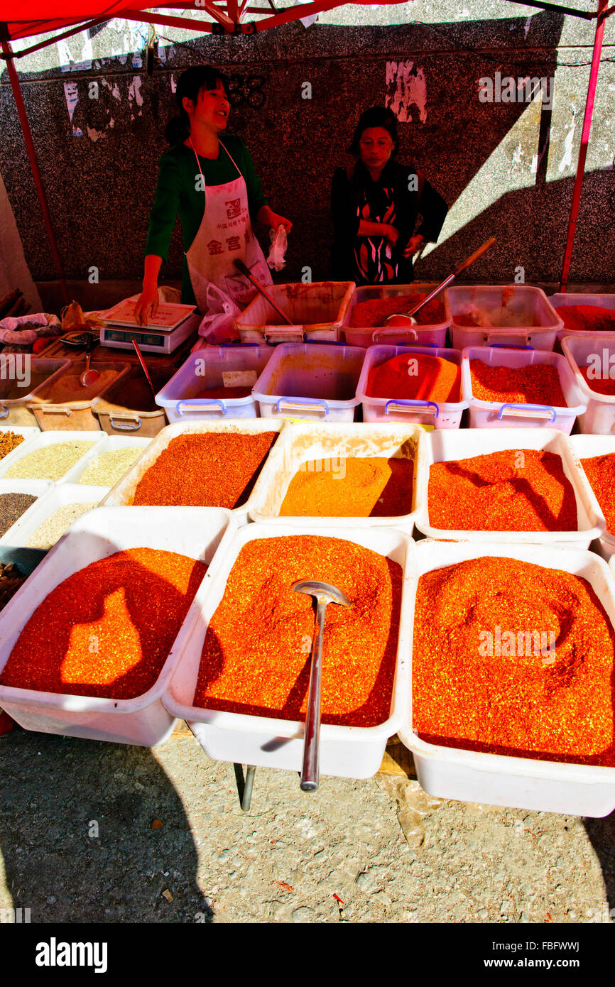 Shaxi,aliments,Marché,Légumes,épices Ingrédients médicinaux chinois de la province de Yunnan, Chine, République populaire de Chine, Chine Banque D'Images