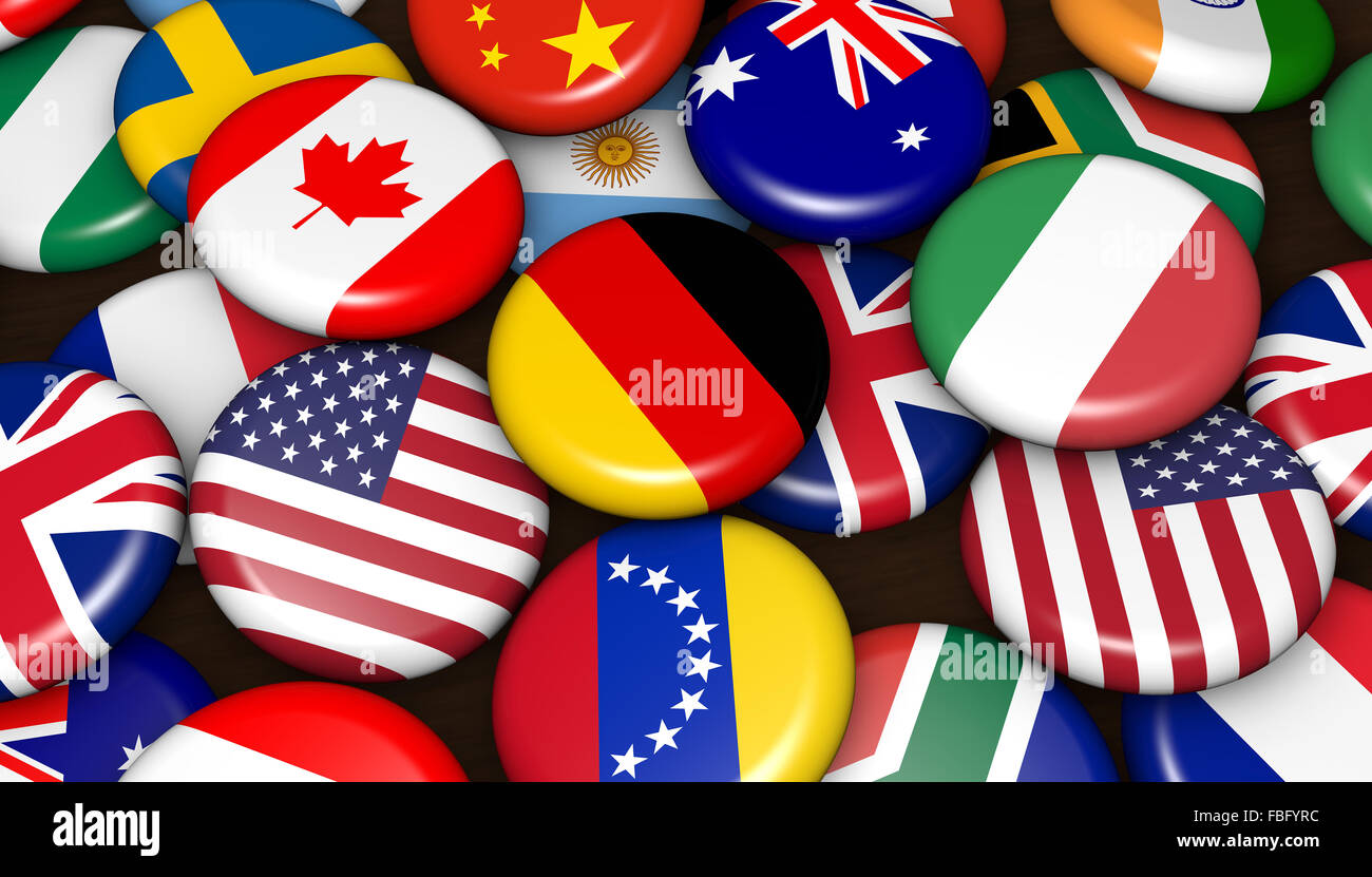Drapeaux du monde international sur des badges boutons 3d illustration. Banque D'Images