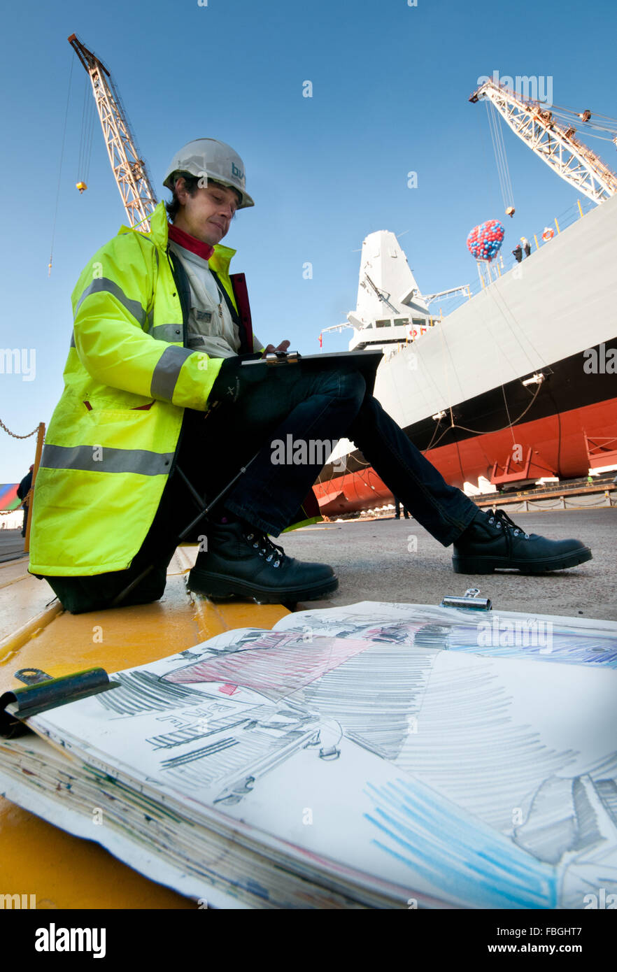 Dessin d'un artiste HMS Duncan sur la cale de halage au chantier naval Govan, Glasgow Banque D'Images