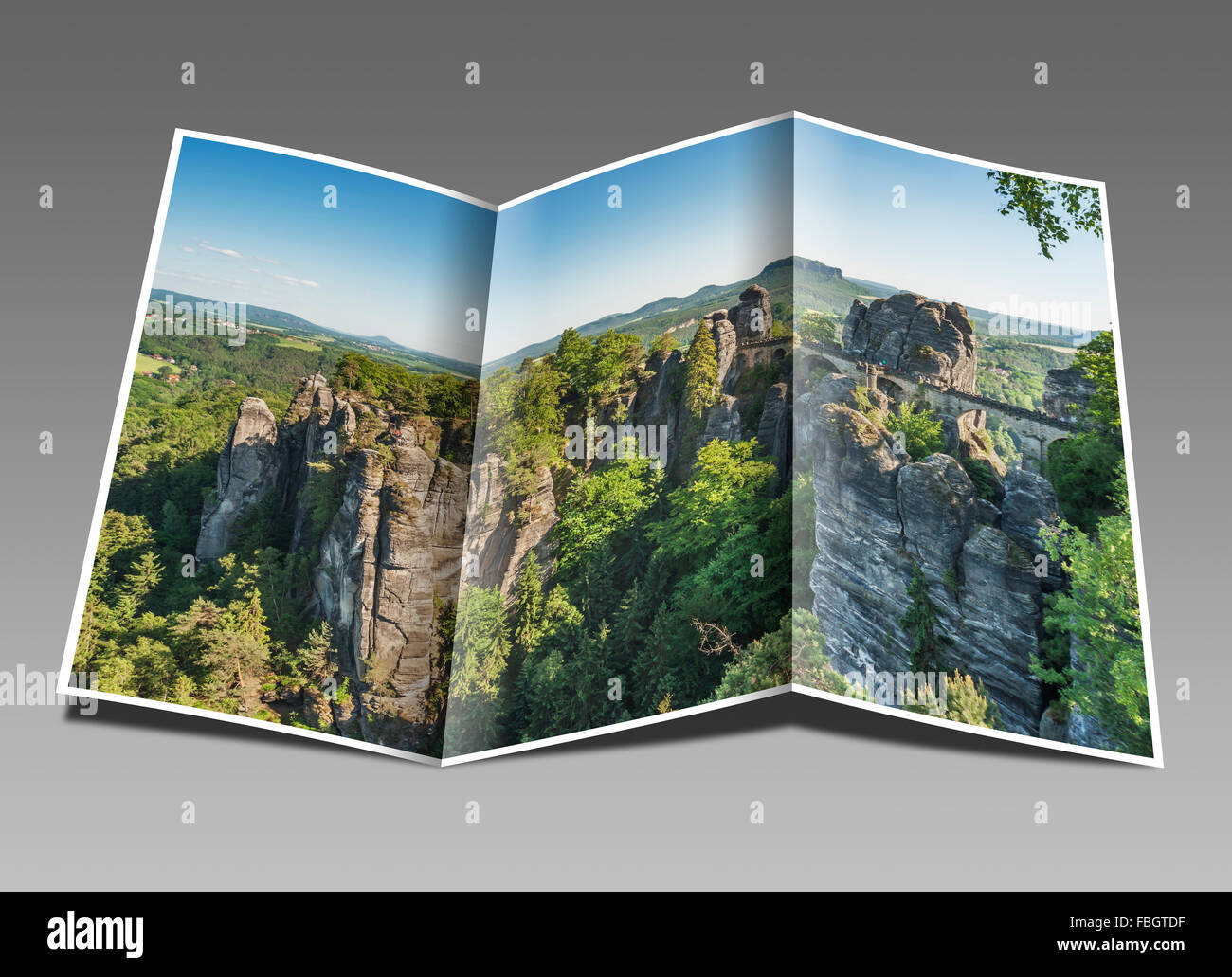 Rock formation Bastei (Bastion) et la montagne de la table Lilienstein, Lohmen, la Suisse saxonne près de Dresde, Saxe, Allemagne, Europe Banque D'Images