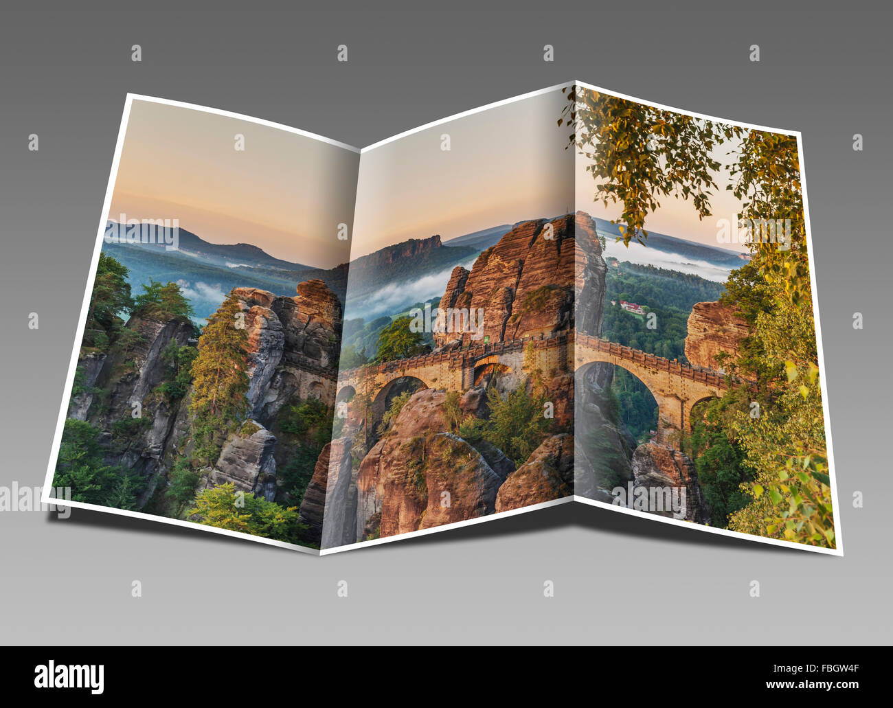 Rock formation Bastei (Bastion) et la montagne de la table Lilienstein, Lohmen, la Suisse saxonne près de Dresde, Saxe, Allemagne, Europe Banque D'Images