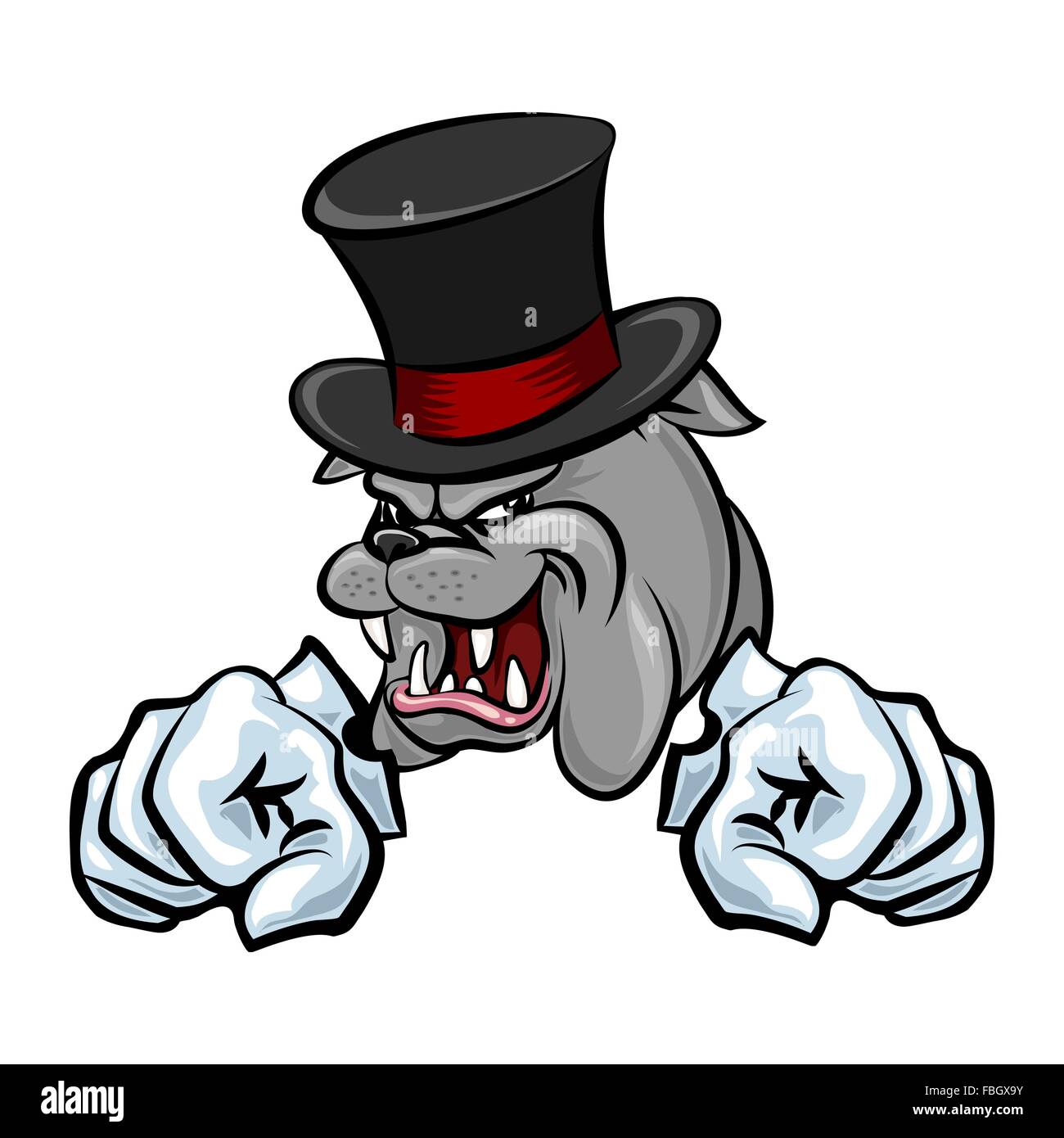 Bulldog dans hat et les pattes dans les gants. Style de dessin animé. Isolé sur blanc. Illustration de Vecteur