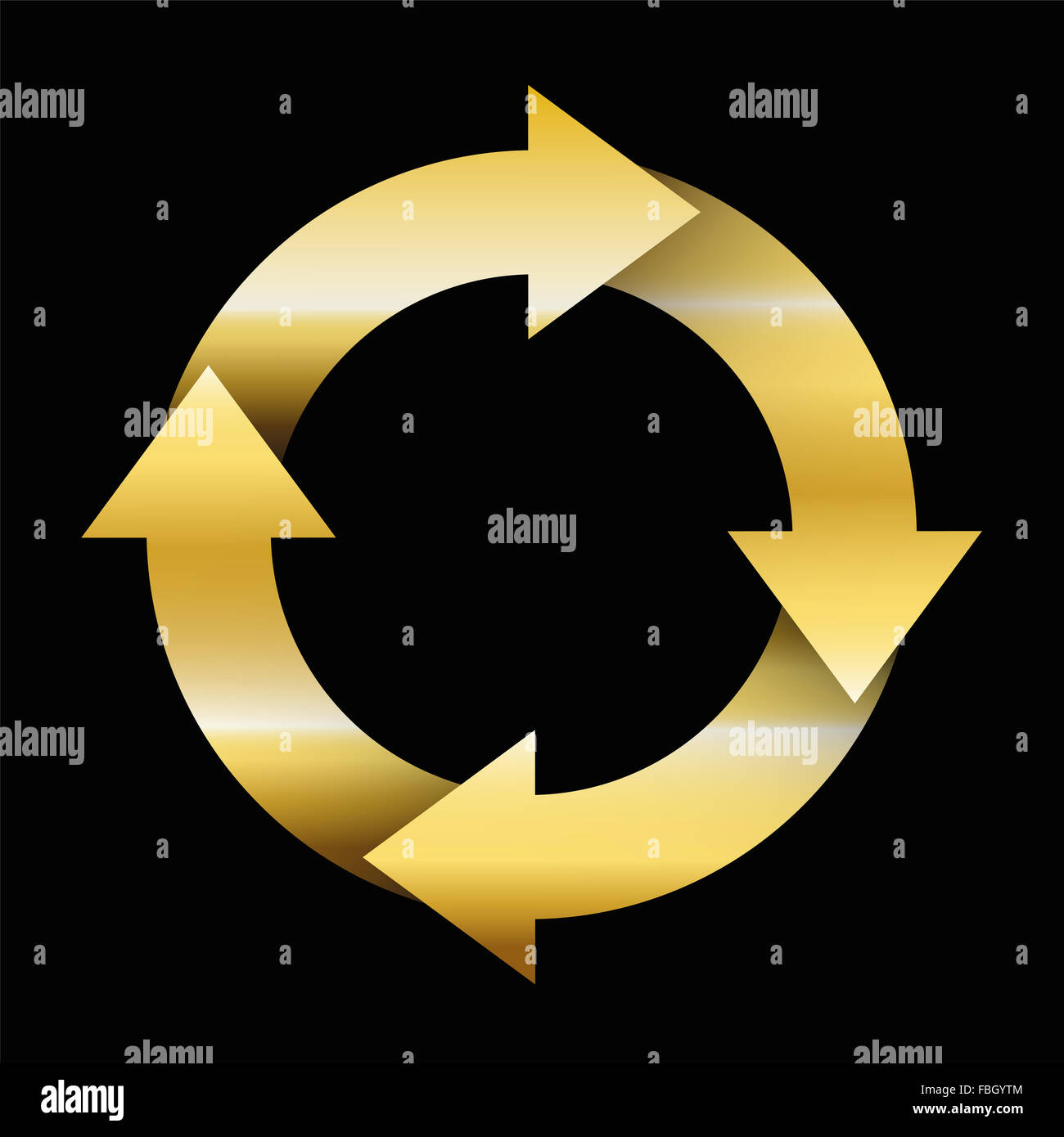 La circulation d'or - spinning flèches formant un cercle. Illustration sur fond noir. Banque D'Images