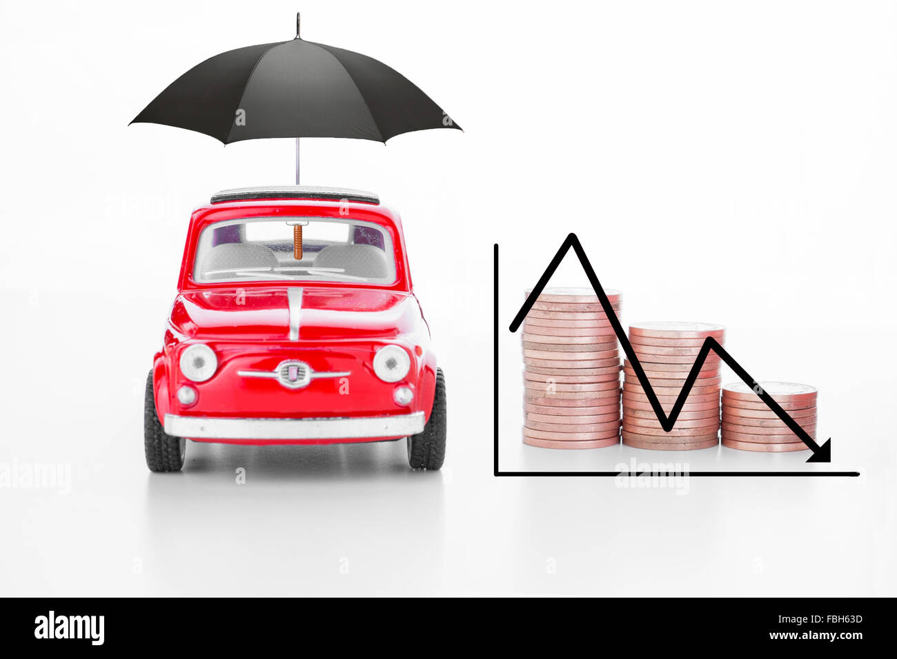 Une voiture avec un parapluie et la diminution des crédits, ce qui indique une diminution de la valeur/bénéfices Banque D'Images