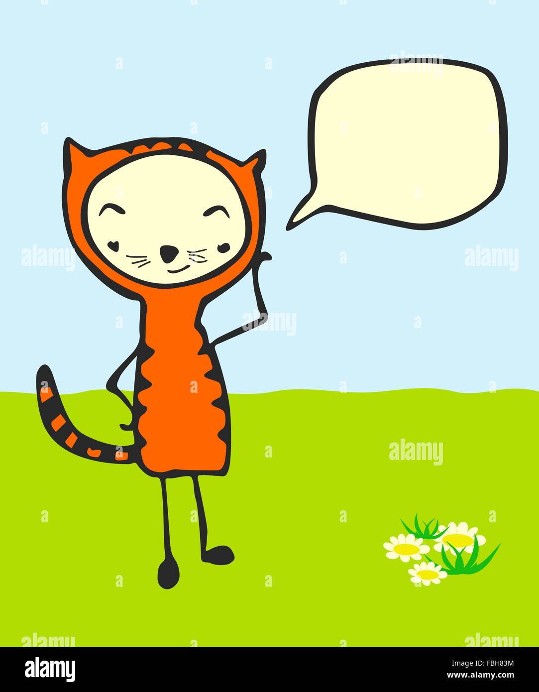 Cute cartoon kid en costume de chat avec bulle. Illustration de Vecteur