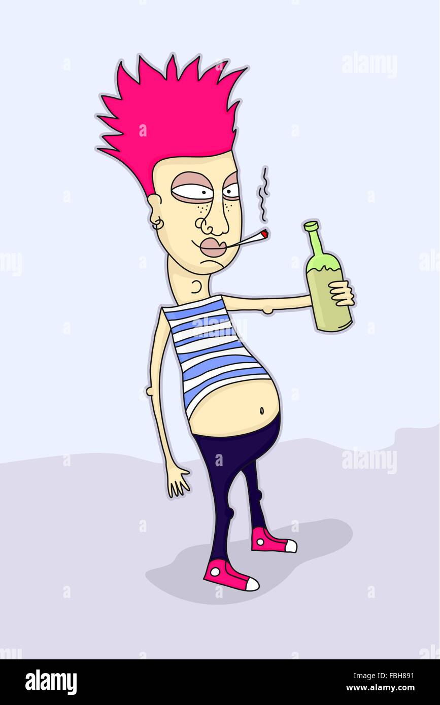 Drôle illustration d'un punk fumeurs et tenant une bouteille. Illustration de Vecteur