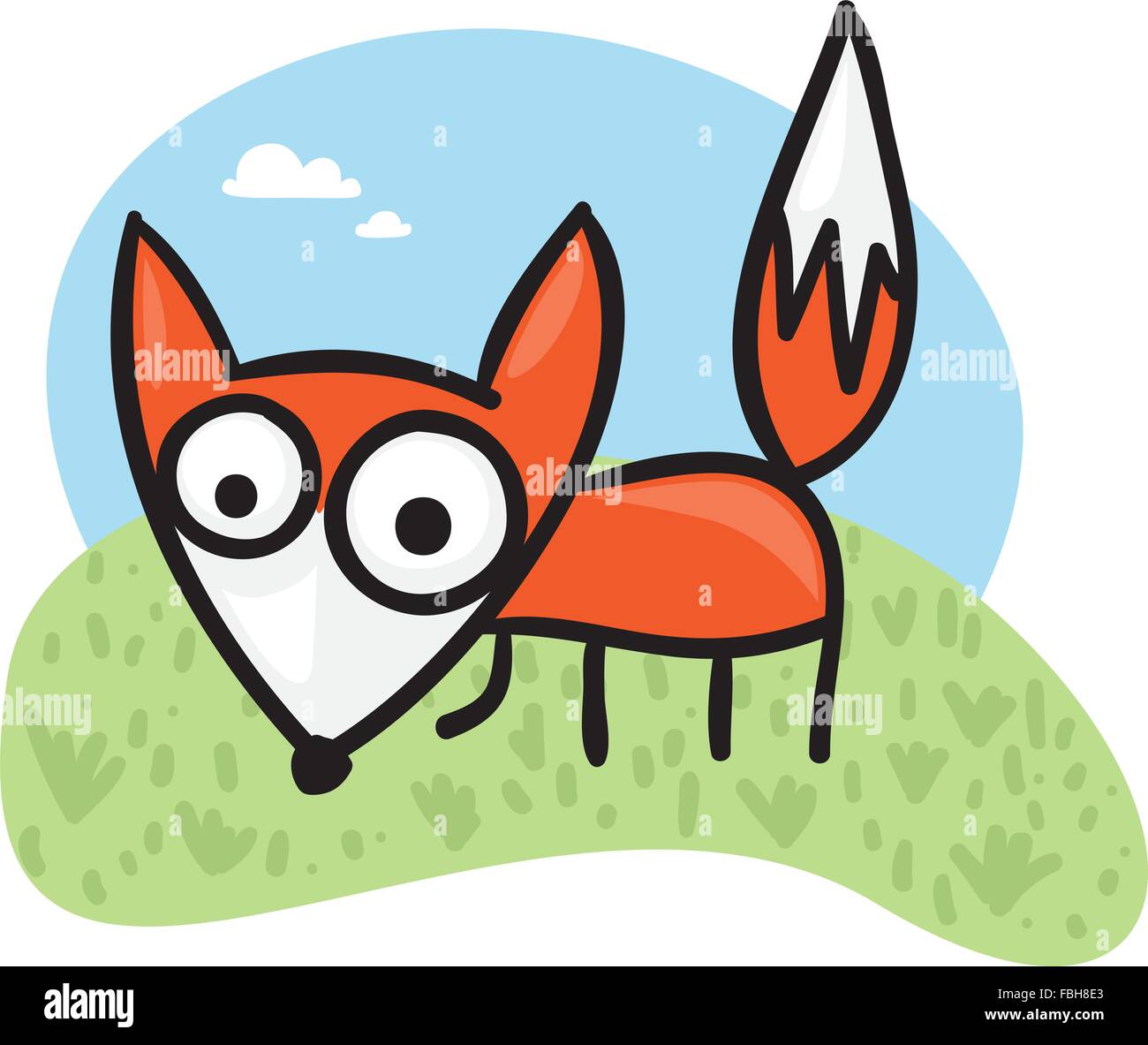 Cute cartoon fox sur un champ vert Illustration de Vecteur