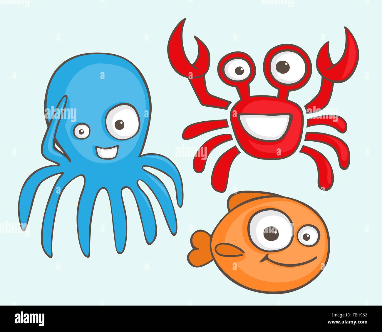 Les animaux de la mer cartoon : poulpe, crabe et poisson Illustration de Vecteur