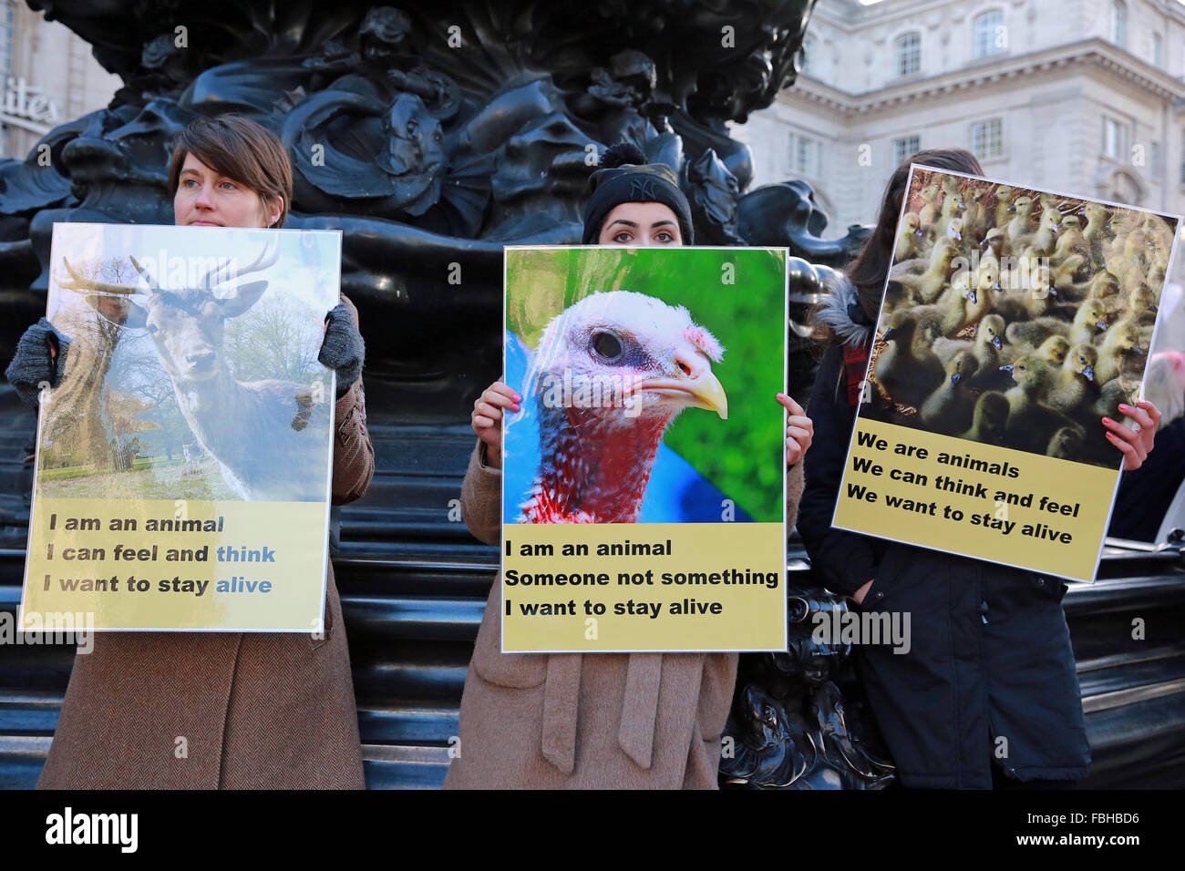 Londres, Royaume-Uni. 16 janvier, 2016. Le silence des manifestants vegan à Piccadilly Circus, tenir des pancartes appelant à une approche plus compatissante envers les animaux. Credit : Mark Kerrison/Alamy Live News Banque D'Images