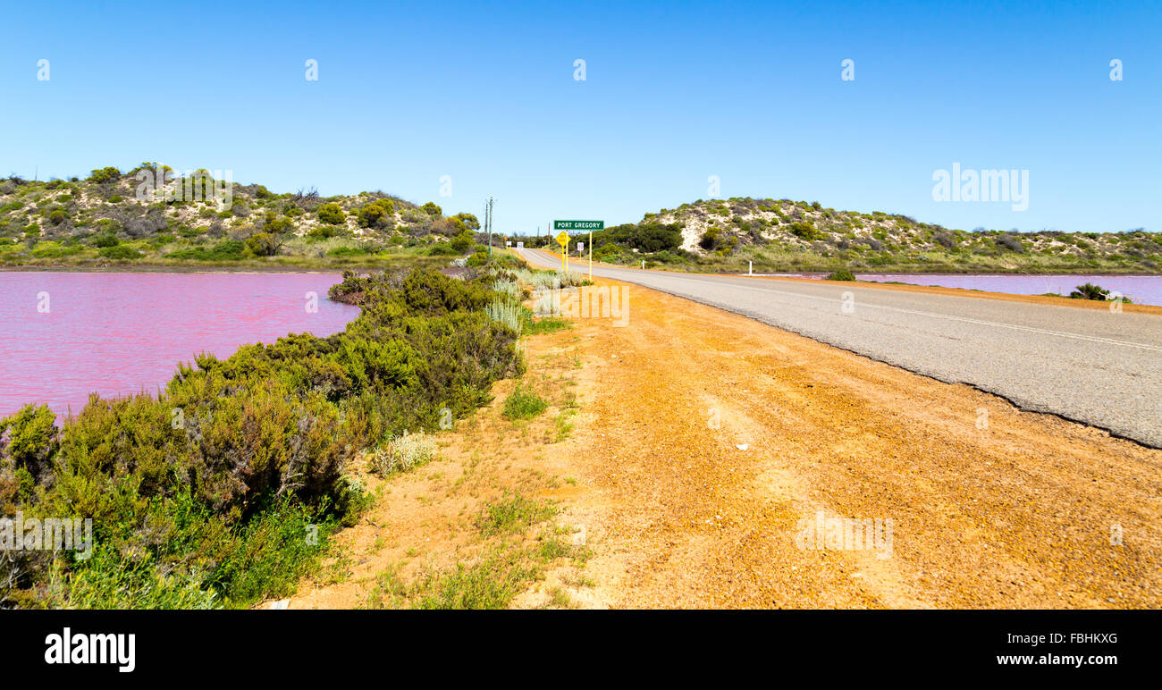 Hutt Lagoon est un lac rose qui dispose d'une teinte rose créé par la présence des caroténoïdes-produisant des algues Dunaliella salina, une source Banque D'Images